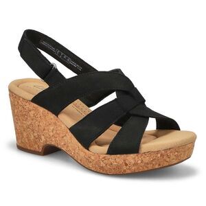 Clarks Women's Giselle Beach Wedge Sandal cork suede black comfort sandal 10M
